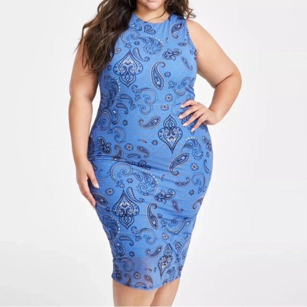 Nina Parker Textured Printed Mesh Midi Stretch Sleeveless Blue Dress Womens 0X